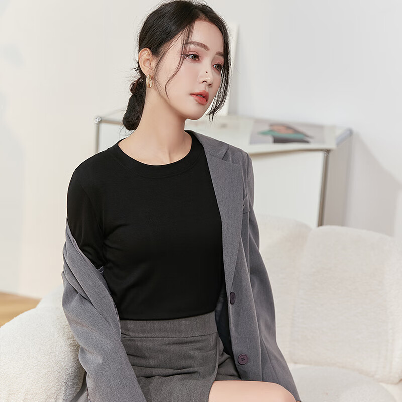 Langsha (langsha) bottoming shirt for women with spring and autumn slim round neck long-sleeved mask t-shirt for women simple tops trendy