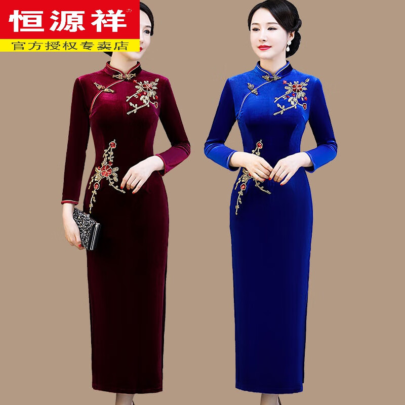 Hengyuanxiang brand Xi mother-in-law wedding long cheongsam 2025 new mother's wear retro Chinese style dress 40 years old to cover the belly, wine red 4XL 125-138 catties