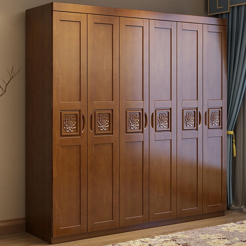 Millennium Shengshi Wardrobe Solid Wood Wardrobe Bedroom Simple Modern Chinese Style Multi-Door Combination Large Wardrobe Wooden Assembly Furniture Walnut Color Without Top Three Doors