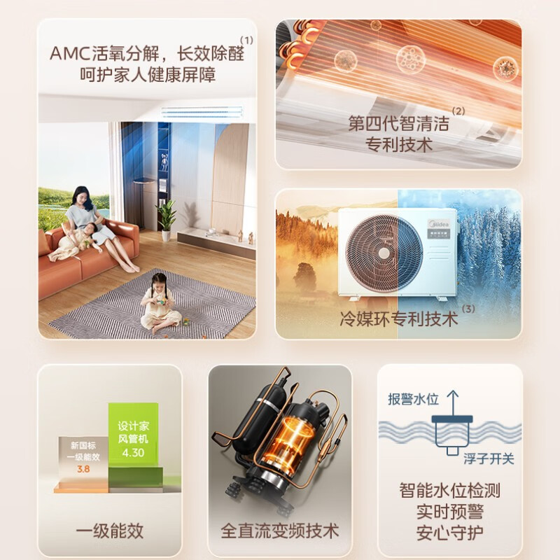 Midea central air conditioner 0 yuan reservation for free door-to-door survey Designer duct machine household one-to-one embedded air conditioner cooling and heating frequency conversion first-level energy efficiency dedicated to formaldehyde removal 2 horses first-level energy efficiency formaldehyde removal