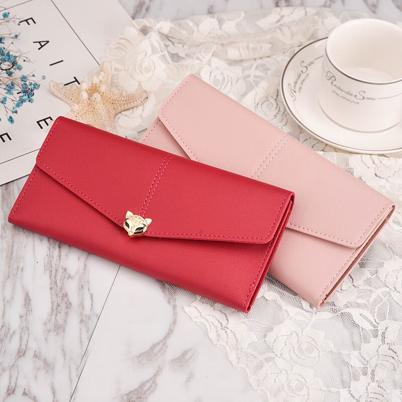 SHU GUO ER multi-color new women's fox long wallet soft surface three-fold contrasting color multi-card slot zipper coin purse 018 maroon