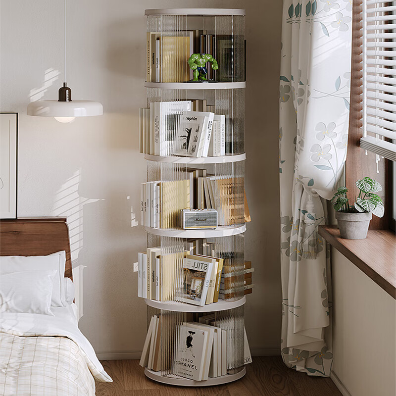 Anya rotating bookshelf floor-standing ABS locker simple storage student display picture book shelf acrylic cream white 5 layers