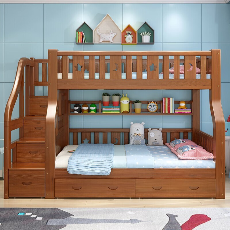 Linzhi all solid wood double-layer bunk bed, multi-functional high and low bed, two-layer bunk wooden bed, adult double child's bunk bed, ladder type, upper bunk width 1.0 meters, bottom bunk width 1.2 meters