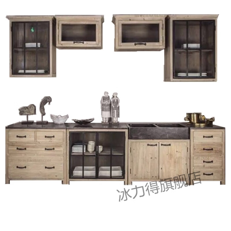 Jingga simple American country kitchen drawer stove cabinet marble solid wood detachable combination boutique retro overall cabinet marble countertop vertical four-drawer cabinet 6 or more doors