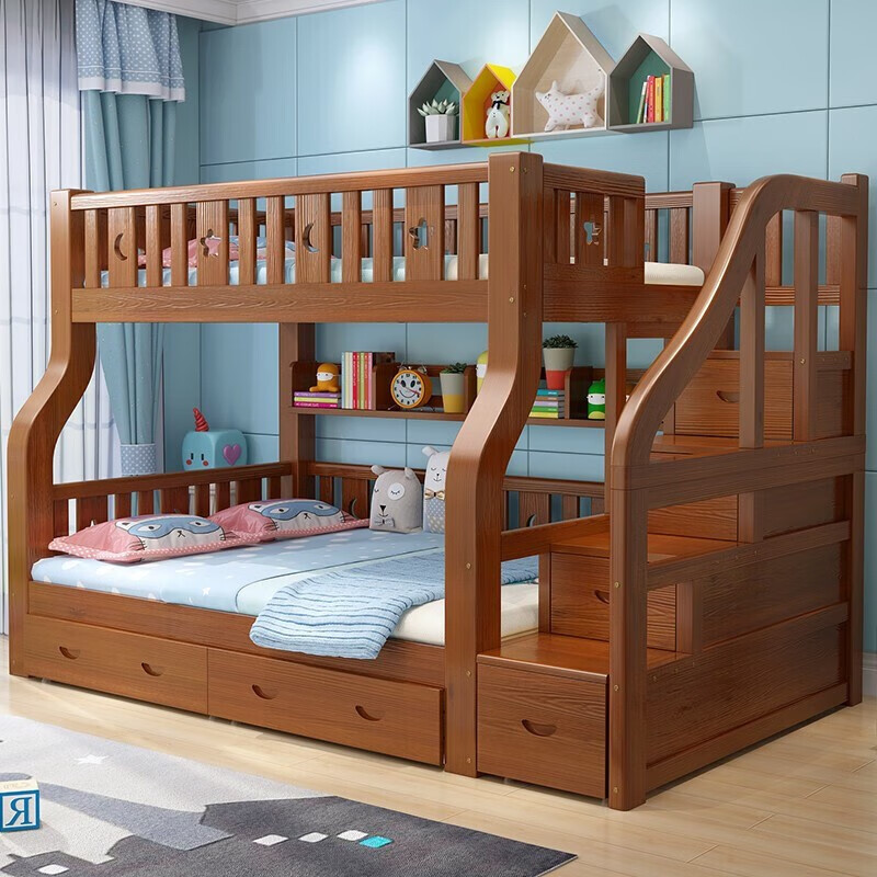 Linzhi all solid wood double-layer bunk bed, multi-functional high and low bed, two-layer bunk wooden bed, adult double child's bunk bed, ladder type, upper bunk width 1.0 meters, bottom bunk width 1.2 meters