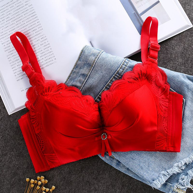 Modal Big Red Underwear Women's Zodiac Year Horse Year Small Breast Gathering Thickening Showing Big Upper Support Side Tie Wedding Bra Set Burgundy Set 80A 36/80AB Thickened 5C
