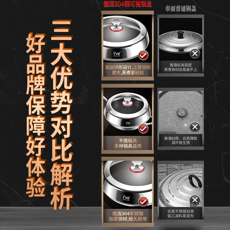 I VE Germany new pot lid 304 stainless steel universal thickening and heightening anti-scalding cooking pot lid steamer visible lid 304 stainless steel pot lid 30cm