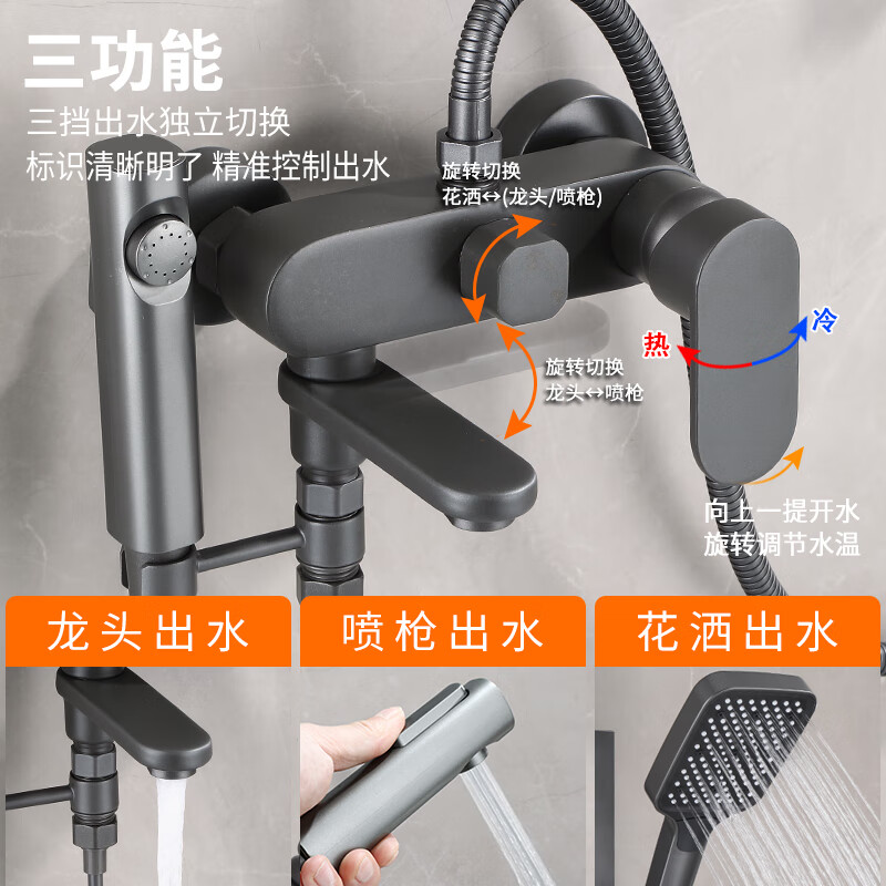 Tipai Gun Gray Bathroom Shower Set Rain Sprinkler Bathroom Hot and Cold Full Copper Mixing Valve Bathtub Faucet Black Model A (Square Sprinkler)