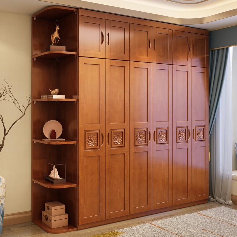 Millennium Shengshi Wardrobe Solid Wood Wardrobe Bedroom Simple Modern Chinese Style Multi-Door Combination Large Wardrobe Wooden Assembly Furniture Walnut Color Without Top Three Doors