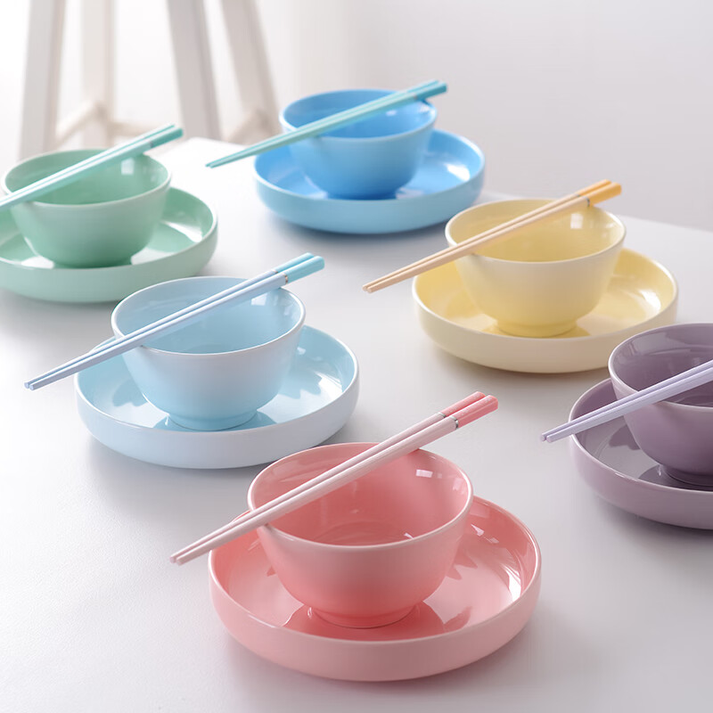 Meal-sharing bowls and plates, household one-person, one-color utensil set, chopsticks and spoons, courtyard area specializes in 64 ceramic rice, 6 colors, 1 set each, 4 points, 8-inch bowls, plates and chopsticks set