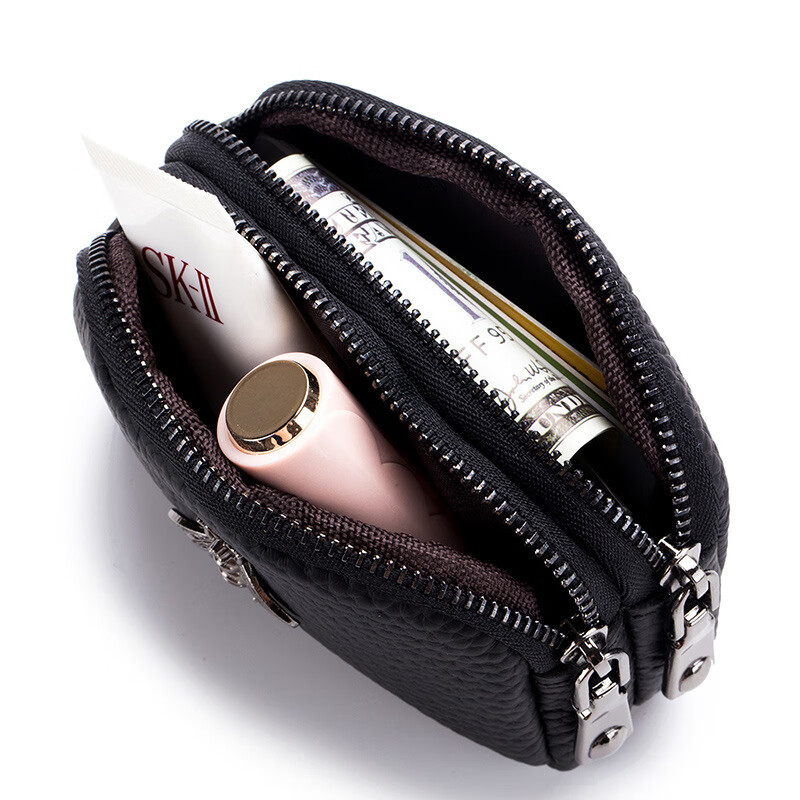 VANDEE Small Coin Purse Genuine Leather Cute Women's Coin Bag Double Zipper New Coin Purse Mini Coin Bag Black