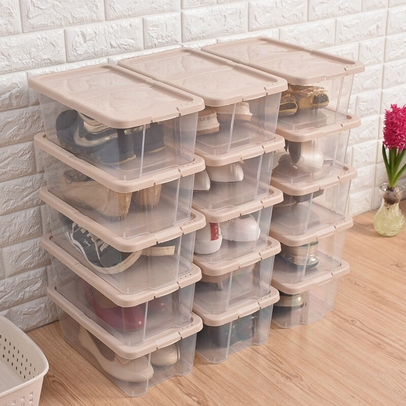 Bailu plastic shoe box thickened and stackable shoe box storage box transparent shoe box desktop storage box 5 pieces khaki 35.2x20.4x12.3cm