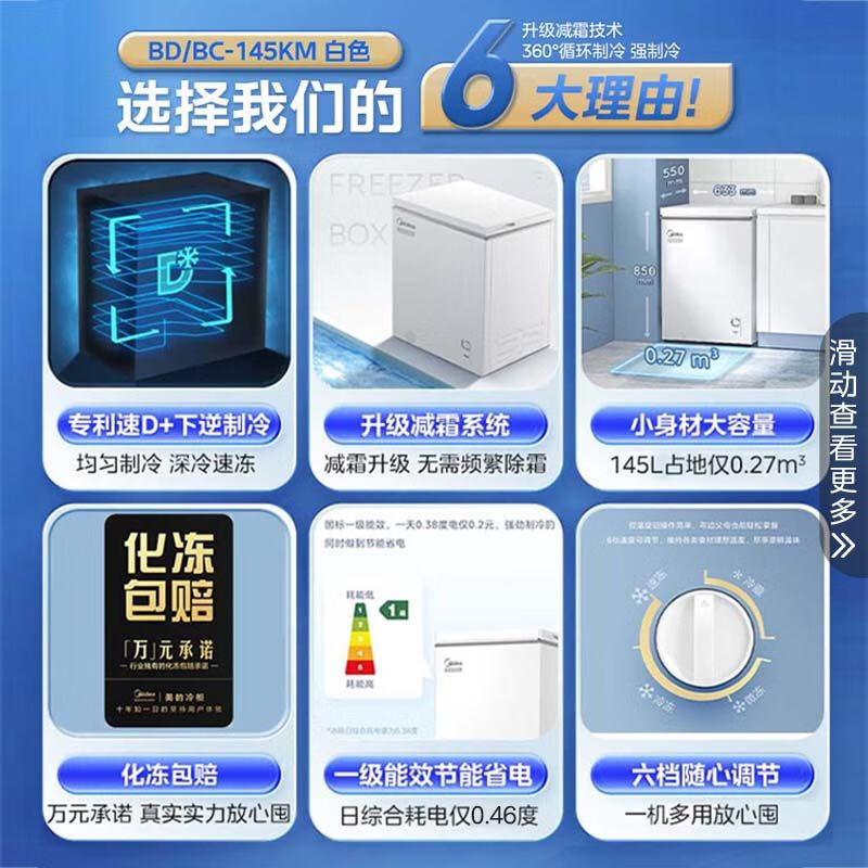 Midea 145L freezer household refrigeration and freezing level one energy-saving stocking low frost small freezer BD/BC-145KM brand new 145L freezer deep cooling quick freezing level one