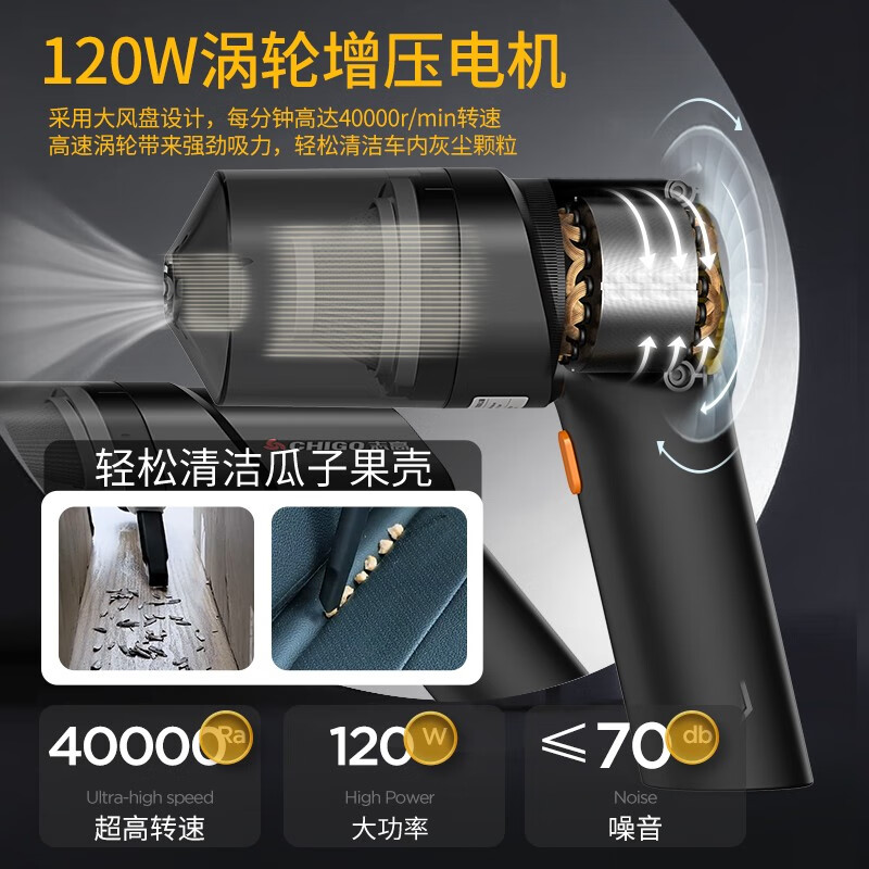 CHIGO Car Vacuum Cleaner Home High Suction Wireless Handheld Desktop Portable New Energy Dust Collector for Small Cars 120W Upgraded Model + Four Uses of Suction, Blowing and Charging + Filter Element*3