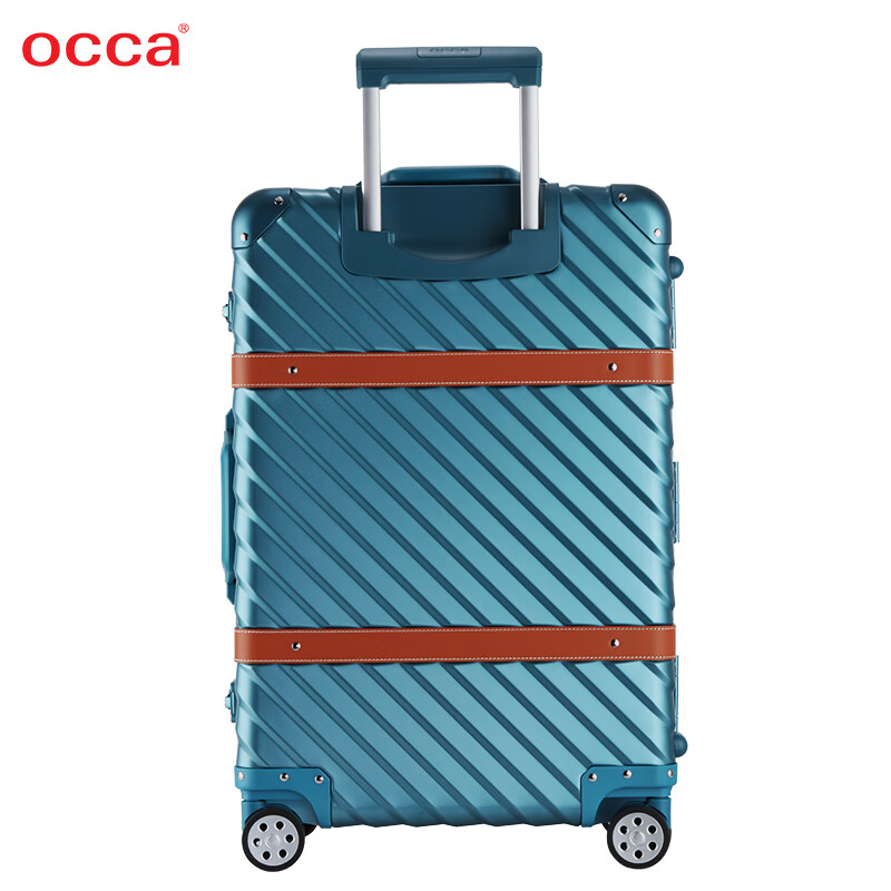 Occa suitcase business men's high-end diagonal striped aluminum-magnesium alloy trolley case metal cowhide travel retro boarding case retro silver 24 inches