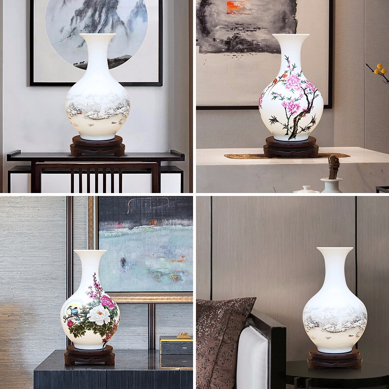 Proud Jingdezhen ceramic small vase, new Chinese style handicrafts, living room decorations, wine cabinet, office rack decoration, water point peach blossom appreciation bottle (with wooden rotating base)
