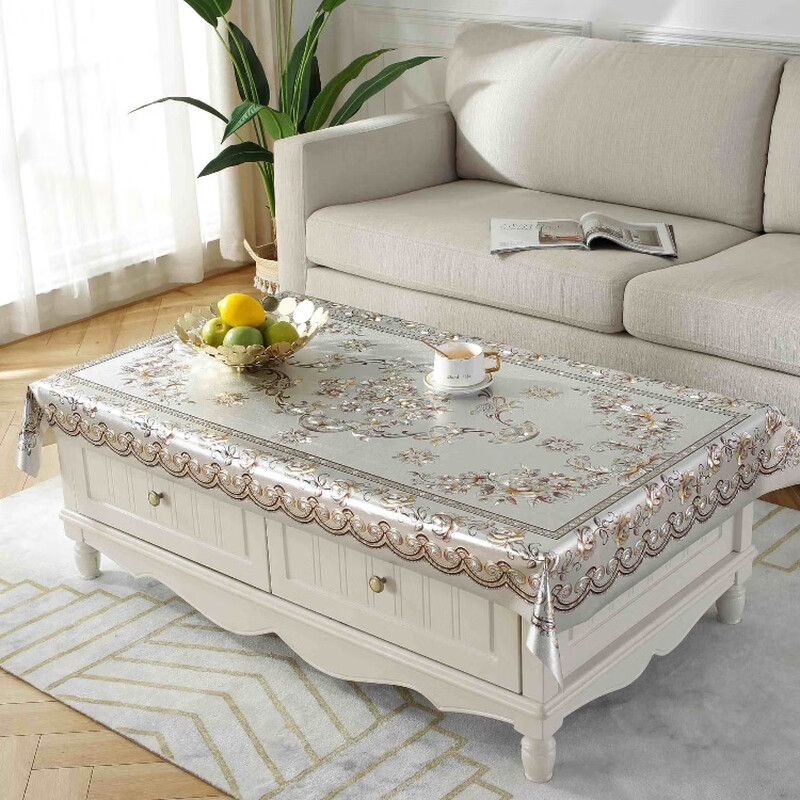 Cypress woven cover opaque coffee table tablecloth waterproof and oil-proof no-wash anti-scalding table mat plastic coffee table mat home living room coffee table cloth Flower Love Silver 90*150 cm (universal for coffee tables and dining tables)