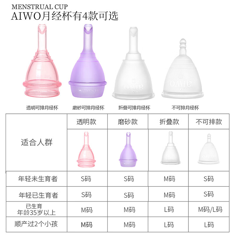 AIWO Beibei Menstrual Cup Silicone Drainable Menstrual Cup, a magical device for aunties to prevent side leakage during menstrual period and can be used for swimming. The second generation new model can drain liquid. Transparent powder + gift pack M size