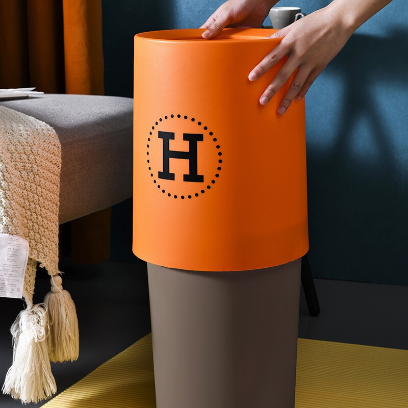 Yuerle Nordic style round double-layer trash can for home living room kitchen bathroom office bedroom large trash can Hermès Orange H 8L swing lid