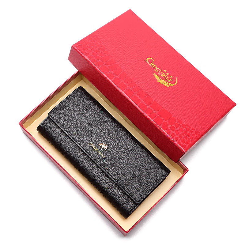 Crocodile shirt New Year's gift first-layer cowhide long wallet women's ticket holder coin card holder birthday black