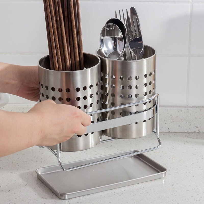 Ou Runzhe kitchen tableware storage basket chopstick cage stainless steel chopstick barrel spoon chopstick drain rack double barrel with chopstick cage stainless steel double barrel cutlery basket with tray