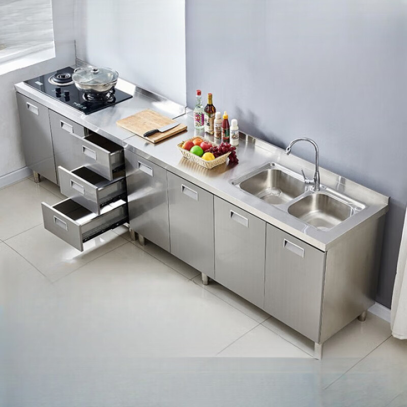 PORITIN 2025 new model 304 stainless steel kitchen cabinet simple stove integrated storage cupboard home 80 double door flat style 304 double door