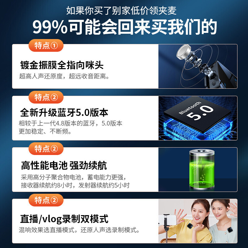 Lightweight Era Wireless Lavalier Microphone Douyin Video Outdoor Interview Singing Recording Little Bee Radio SLR Camera Mobile Phone Universal Bluetooth Microphone Live Broadcast Sound Card Dubbing Equipment One to One Single Version丨Noise Reduction + Reverb Accompaniment + Monitoring Apple/Android