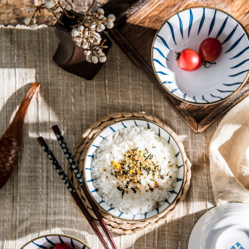 Yijia (IJARL) ceramic rice bowl with tall legs, underglaze color rice small bowl, small soup bowl, household bowl, orchid grass 4.5-inch rice bowl, 4-pack