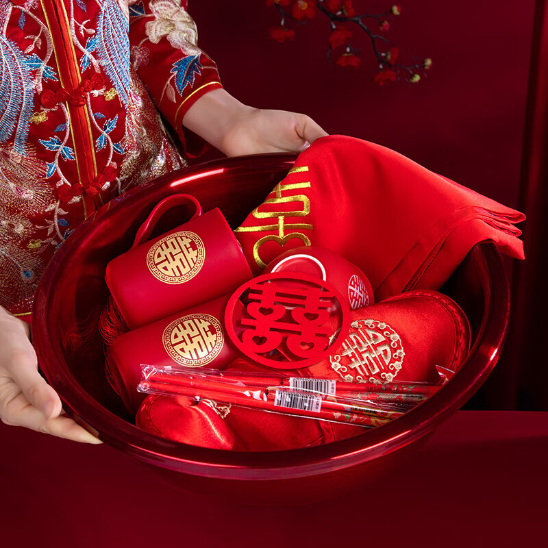 Lianlianwuju wedding basin, wedding items, bridal dowry, washbasin, wedding supplies, washbasin, a pair of red basins, gold-rimmed flower wedding accessories-stainless steel model