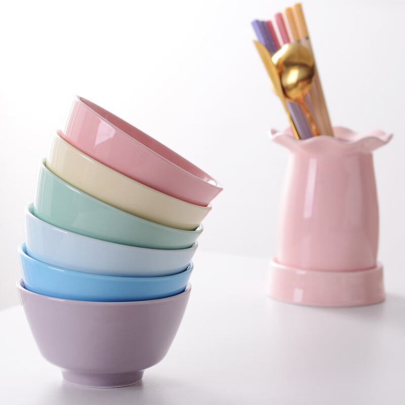 Meal-sharing bowls and plates, household one-person, one-color utensil set, chopsticks and spoons, courtyard area specializes in 64 ceramic rice, 6 colors, 1 set each, 4 points, 8-inch bowls, plates and chopsticks set