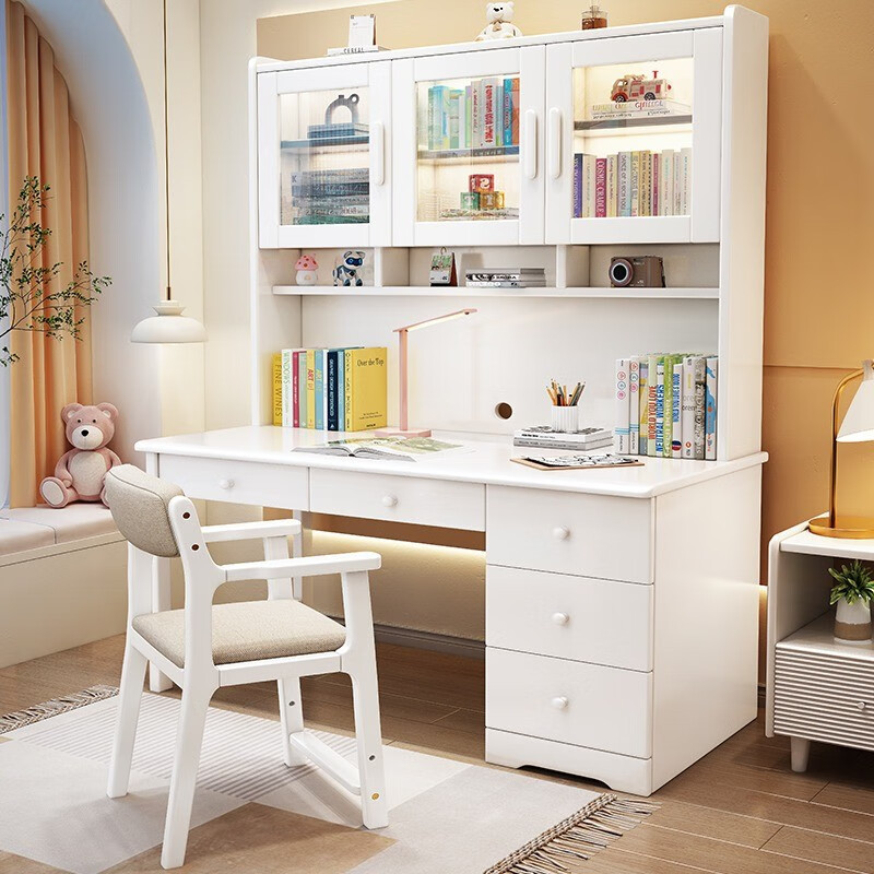 Bamboo Sound Desk Solid Wood Computer Desk Bookshelf Bookcase Integrated Combination Study Table and Chair Bedroom Student Writing Desk Home Walnut Table + Armchair (Imported Rubber Wood) 140x60x186cm