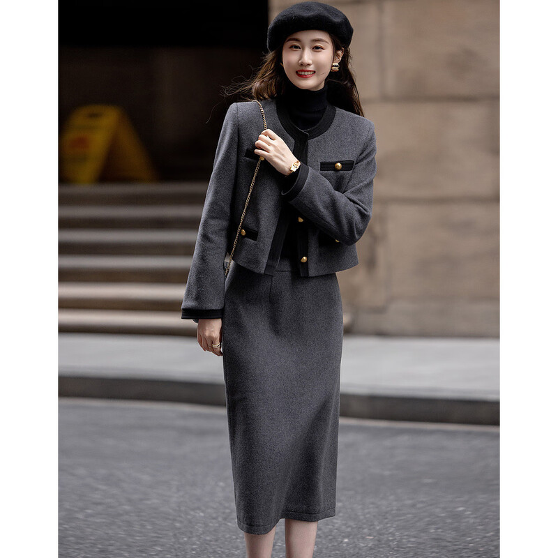 Demana Breathing Sheep Wool Autumn and Winter Madeleine One-Word Bag Contrast Color Suit Small Fragrance Style Two-piece Set for Women
