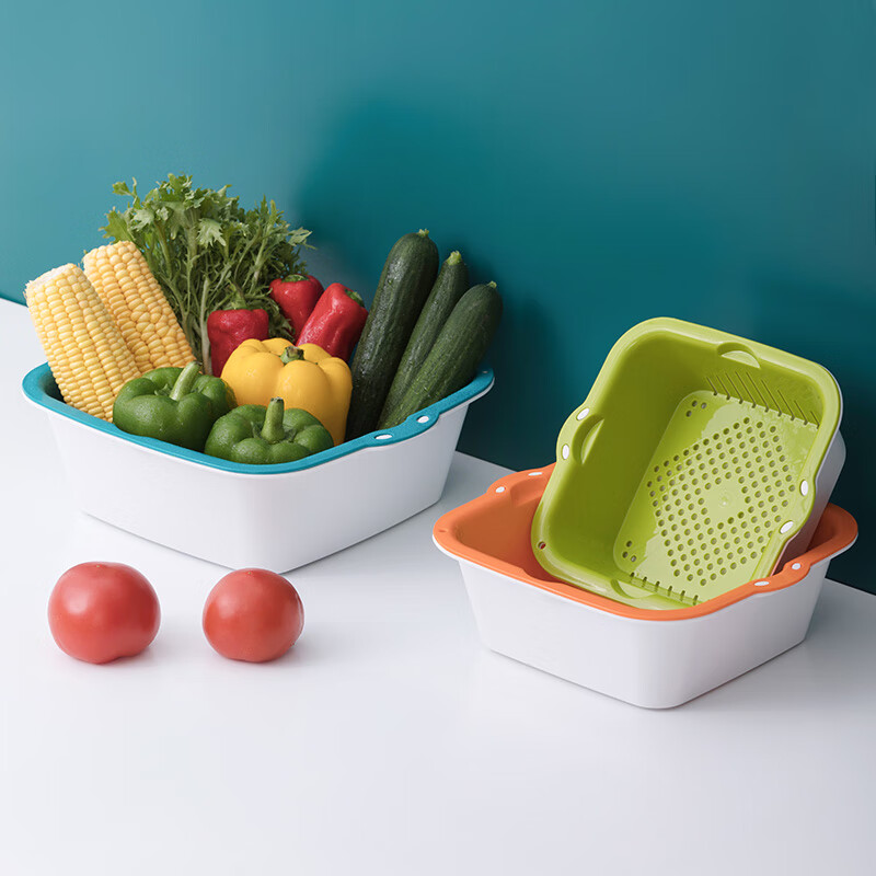 Camellia (CHAHUA) double-layer drain basket plastic basin sieve one basin multi-purpose kitchen washing vegetable dripping multi-functional fruit and vegetable drain basin home blue large, medium and small 3-piece set