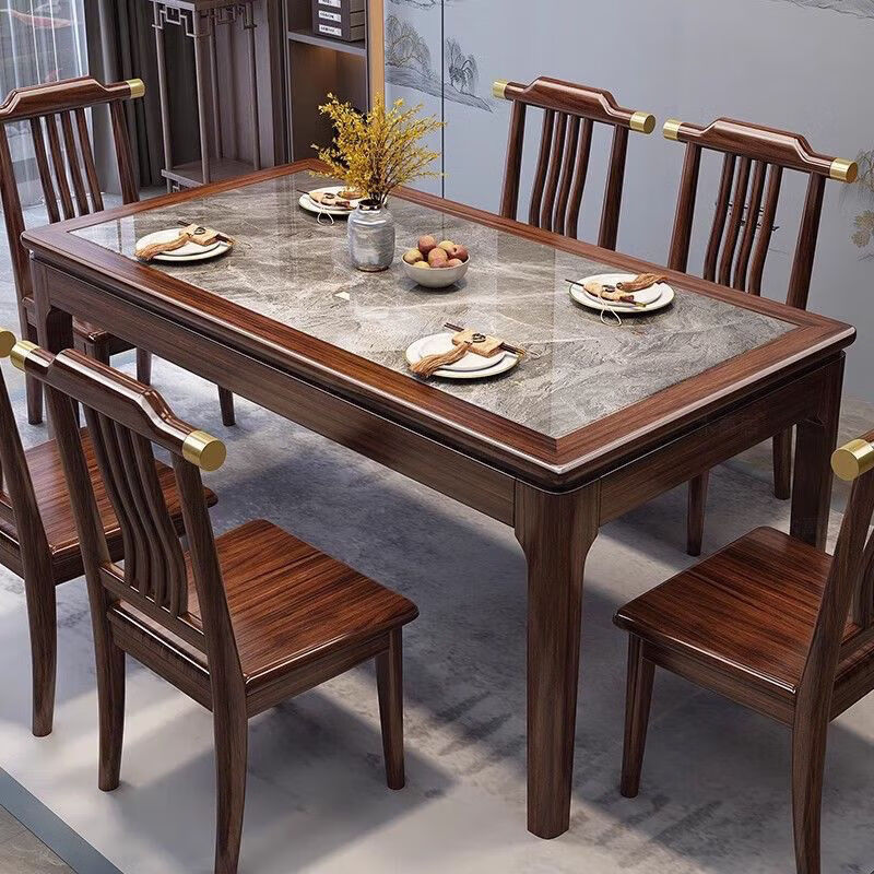 New Chinese style ebony wood slate dining table home simple modern small apartment dining table solid wood rectangular table ebony wood dining table Shakespeare brown slate 1.3m single table