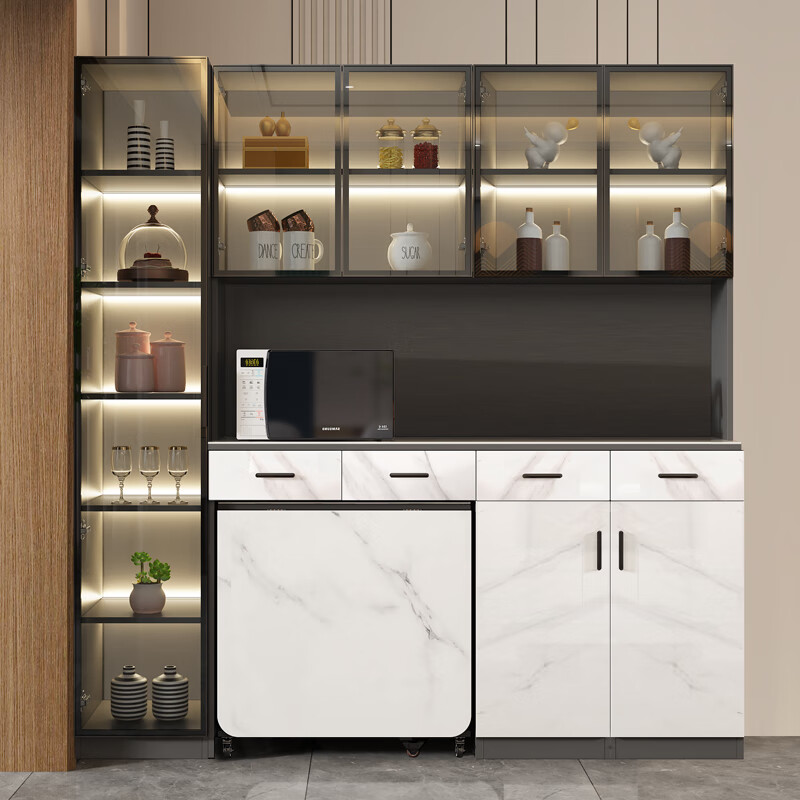 Qiangxiang light luxury slate sideboard dining table integrated wall high cabinet home living room dining room folding table wine cabinet custom G87 style 9 2000*420*2100 with lights double door