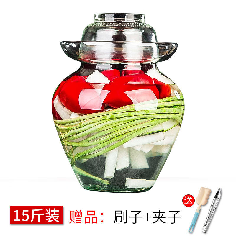 Full table kimchi jar glass thickened household kimchi jar Sichuan kimchi jar pickled sauerkraut jar large transparent sealed jar 15 catties (brush + clip)