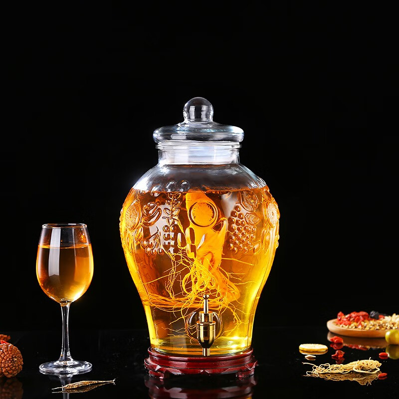 Shen Ping Eight Glass Lead-free Plus Household Wine Jar Glass Soaking Wine Bottle Faucet Soaking Wine Container Wine Jar Brewing Medicinal Wine Bottle Wine Cylinder 12 Jin General + Copper Faucet + High Base 6L