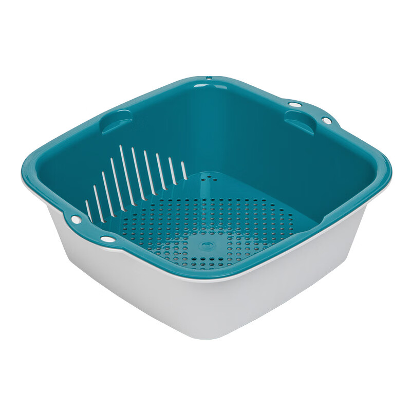 Camellia (CHAHUA) double-layer drain basket plastic basin sieve one basin multi-purpose kitchen washing vegetable dripping multi-functional fruit and vegetable drain basin home blue large, medium and small 3-piece set