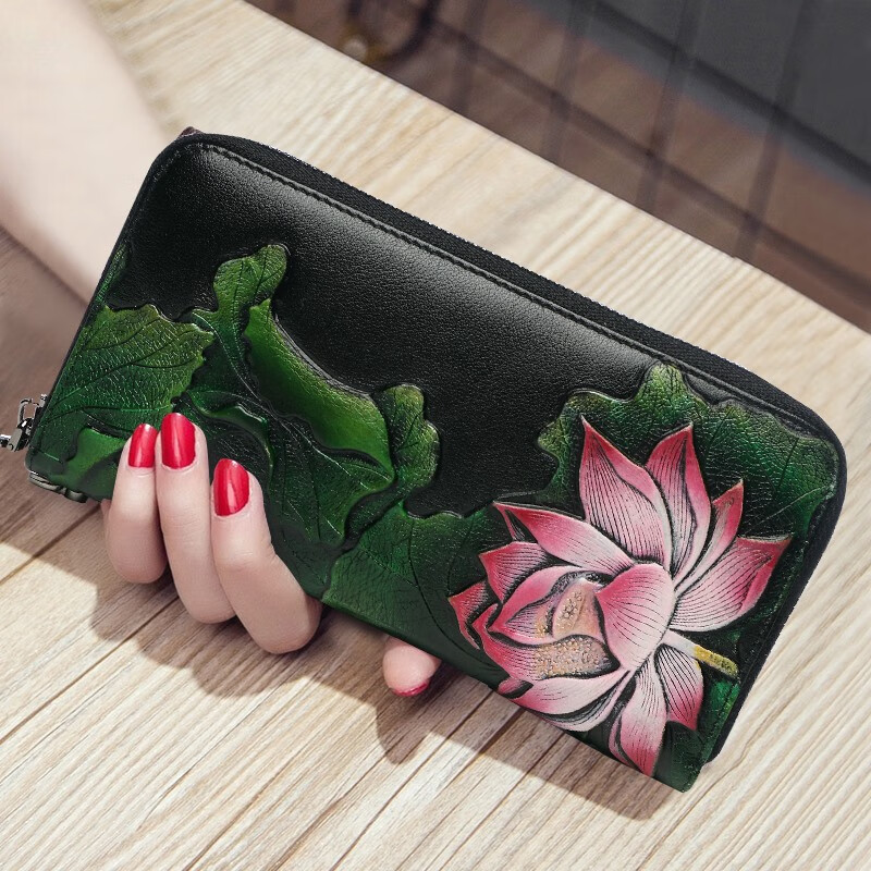 Sephoron 2026 New Ethnic Style Genuine Leather Zipper Wallet Women's Long Large Capacity Mobile Phone Hand Wallet Soft Cowhide Lotus