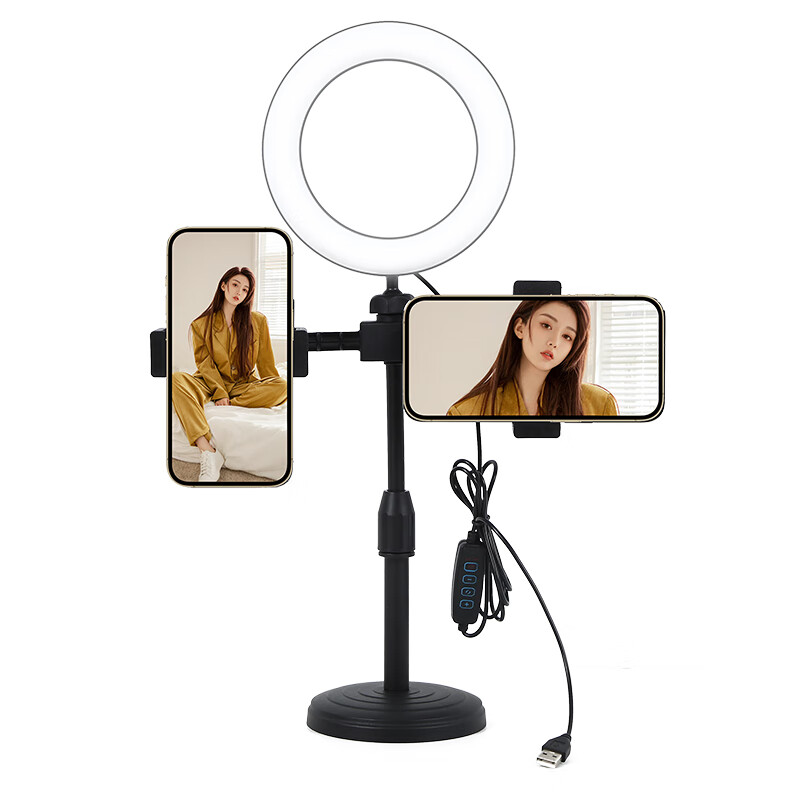 Biaz dual camera with light mobile phone live broadcast bracket desktop fill light beauty lamp vibrato video shooting multi-functional liftable telescopic mobile phone holder B50