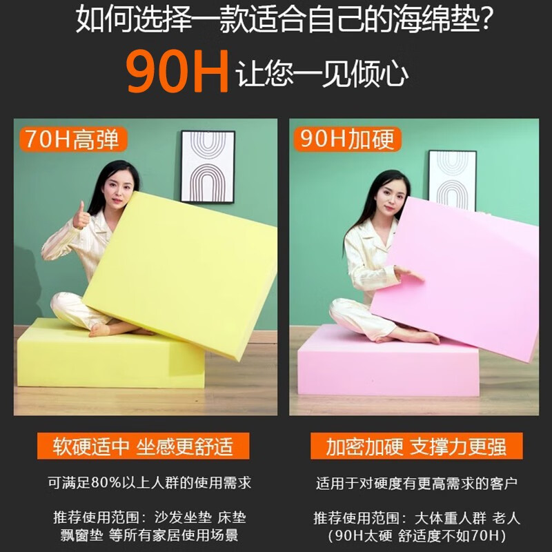 Fabaoli 90H high-density sponge cushion plus hard mahogany sofa cushion seat cushion bay window cushion chair cushion solid wood sponge cushion custom-made 70H yellow high-elastic sponge 5cm thick (1x1 meter)