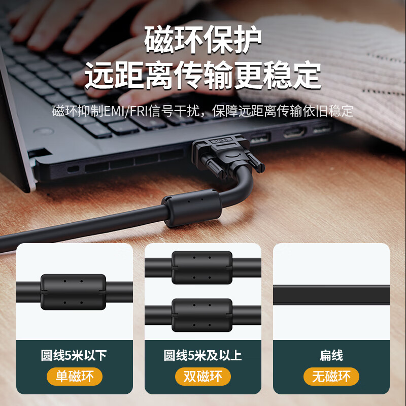 Greenlink engineering grade VGA cable 3+6 pure copper core male to male double magnetic ring video connection cable suitable for computer host connected to TV monitor projector 5 meters 11632