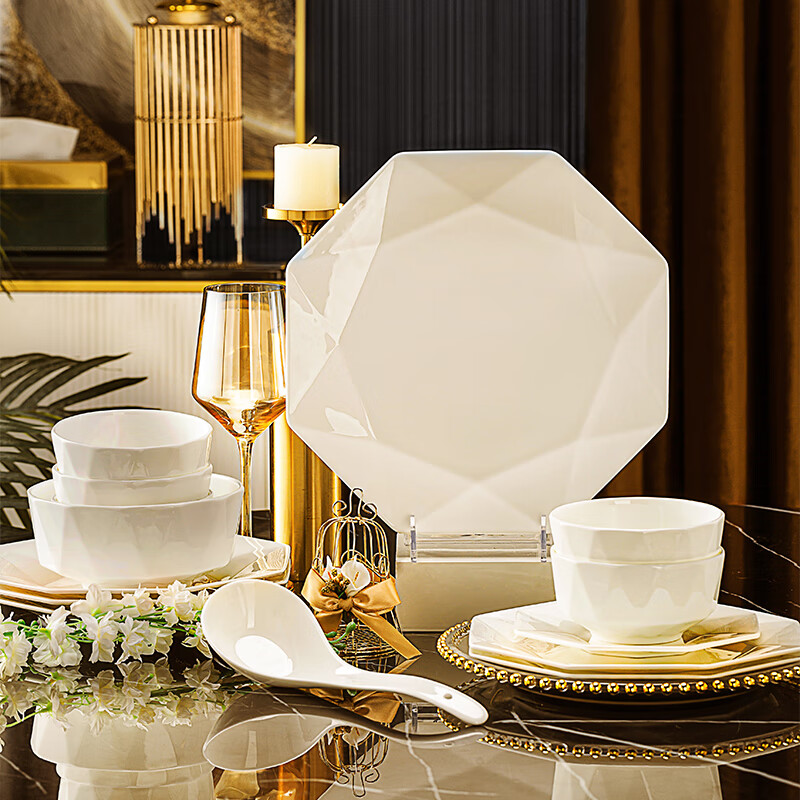 NINE CRANES high-end bowl and dish set household bone china bowl and plate pure white housewarming gift Jingdezhen tableware complete set light luxury 80 pieces set for 10 people high-end brocade box