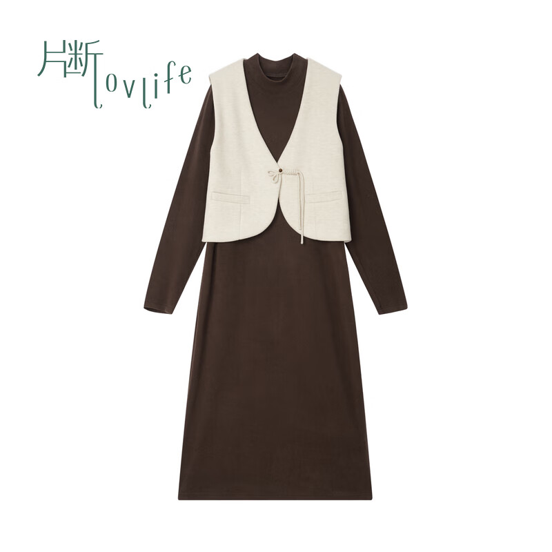 Fragment (dribs&drabs) fragment suit for women 2024 winter new style new national style buckle v-neck vest half turtleneck knitted skirt complete set coffee white 160/84A/M