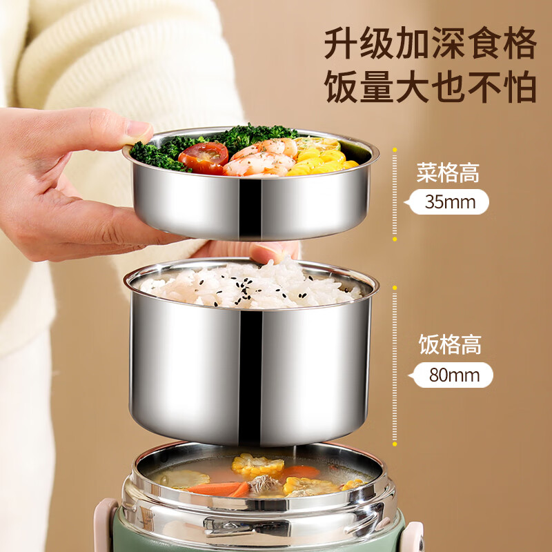 MiBinuan Insulated Lunch Box Double-layer Work Pig's Knuckle Insulated Lunch Box 24-hour Winter New Lunch Box Portable Lunch Box Steel Color (Three Layers) Free Tableware 1.8L