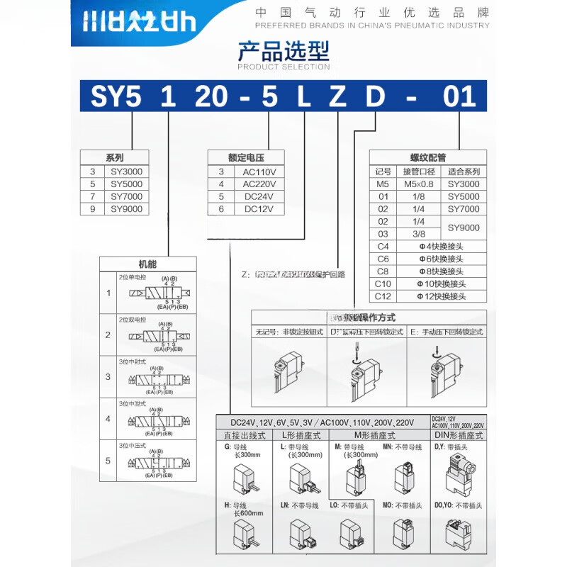 Jinghuilai type solenoid valve SY5120/5220/5320/-3/4/6/5LZD/LZE/MZD/G-01 SY5220-5LZD-01