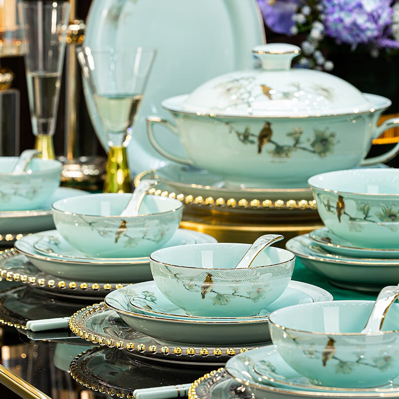 Jingci Jingdezhen Chinese celadon tableware set chopsticks dishes bowls high-end hotel housewarming wedding gift Celadon blue garden full of food for 10 people丨 68 heads