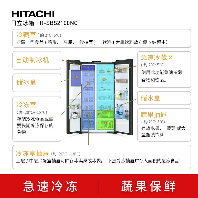 (Tail cargo machine) Hitachi/Hitachi R-SBS2100NC original imported vacuum household automatic ice making side-by-side refrigerator R-SBS2100NC crystal silver 2022 new model
