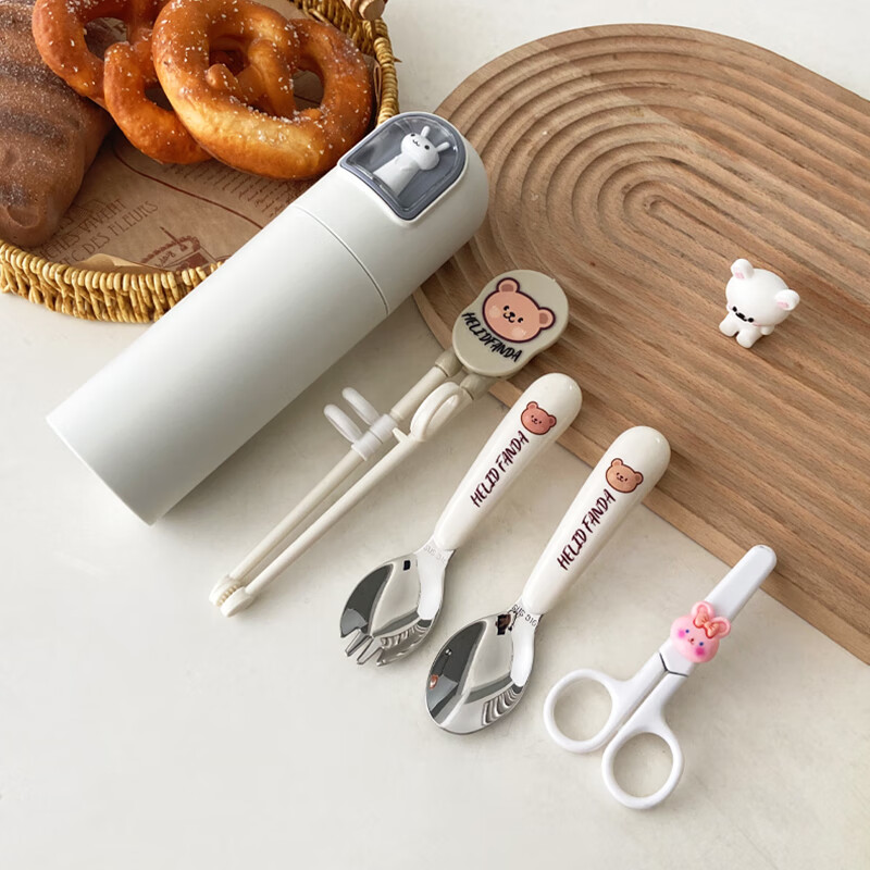 WORTHBUY 316 children's portable tableware stainless steel spoon, chopsticks and fork set training chopstick storage box cute tableware set off-white rabbit + 316 spoon + noodle fork + chopsticks + scissors 5 pieces