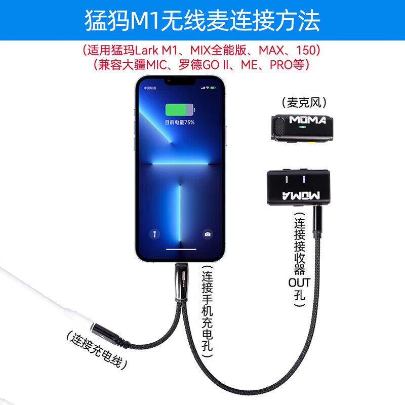 CASSDAN Rode Go II PRO DJI Mic Mammoth Apple mobile phone cable charging live streaming two-in-one adapter wireless microphone Lightning to TYPEC audio Rode DJ Mammoth Apple 8-14 to 3.5mm + charging 30cm